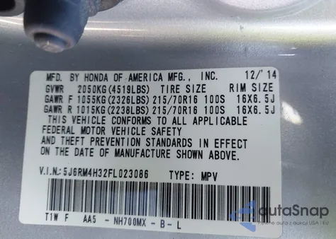 2015 Honda Cr-V Lx from USA, damaged, VIN 5J6RM4H32FL023086